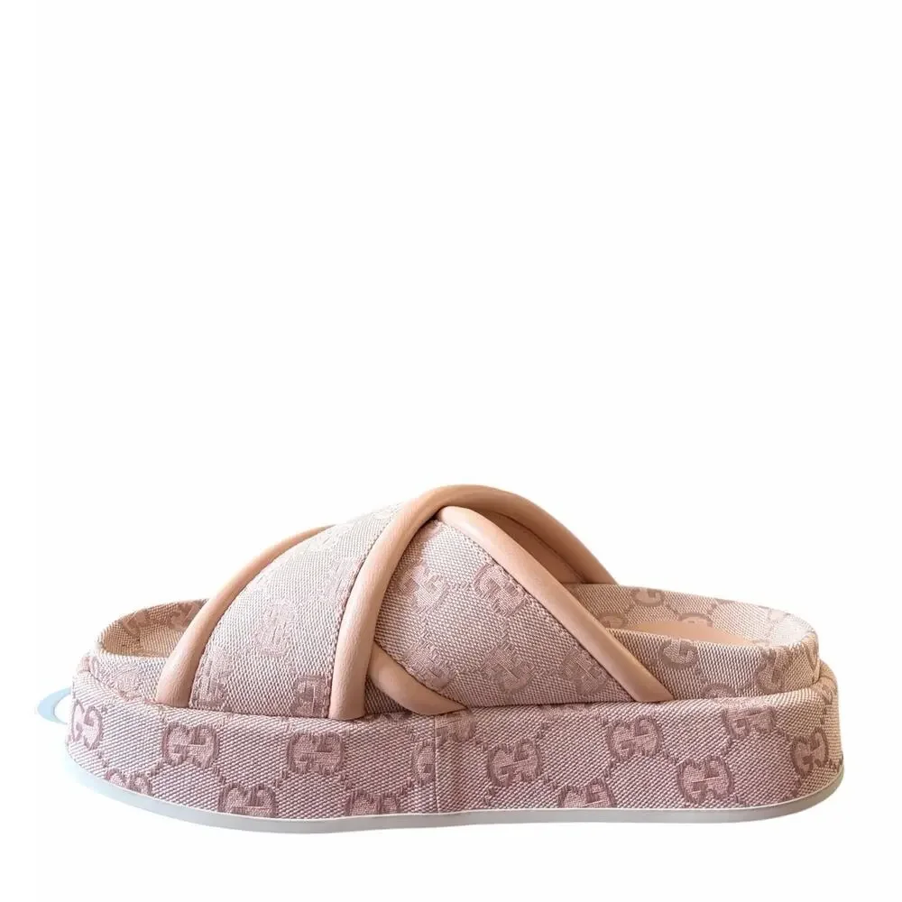 Gucci GG Canvas Pink Platform Slides 816798 Women's 38.5 US 8.5 NEW
